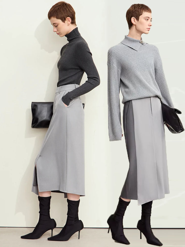 Женская минималистская юбка Amii, Новинка осени 2024, необычная прямая Базовая элегантная юбка-блейзер с разрезом и асимметричным подолом, 12443145