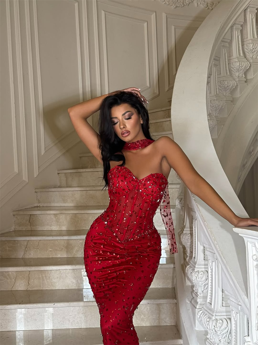 Amanda Aangepaste Rode Zeemeermin Strass Galajurk Halter Hals Vloerlengte vestidos de noche Luxe Mouwloze Formele Avond