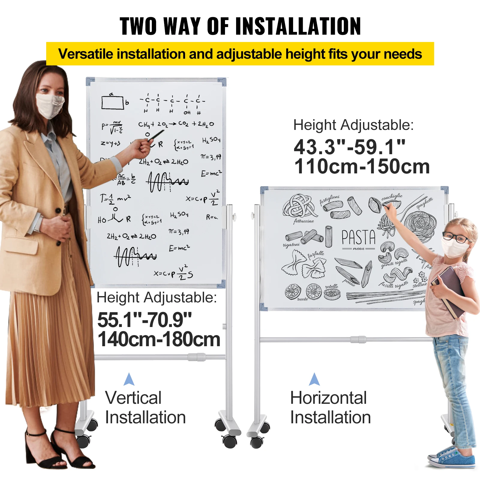 VEVOR Mobile Magnetic Whiteboard 36 x 24 Inch Double Sided 360 Degree Reversible Rolling Dry Erase Board Height Adjustable