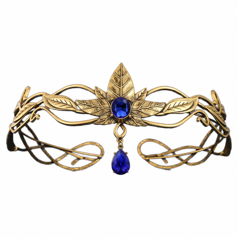 빈티지 골드 컬러 킹 라운드 엘프 크라운 크리스탈 여신 티아라 여성 남자 빈티지 잎 머리띠 Diadem 신부 헤어 액세서리