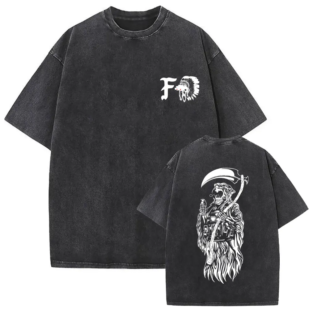 Washed Vintage Forward Observations Group Battle Tribe From The Grave Pull Over Print T-shirts Skeleton Male Oversized T Shirts