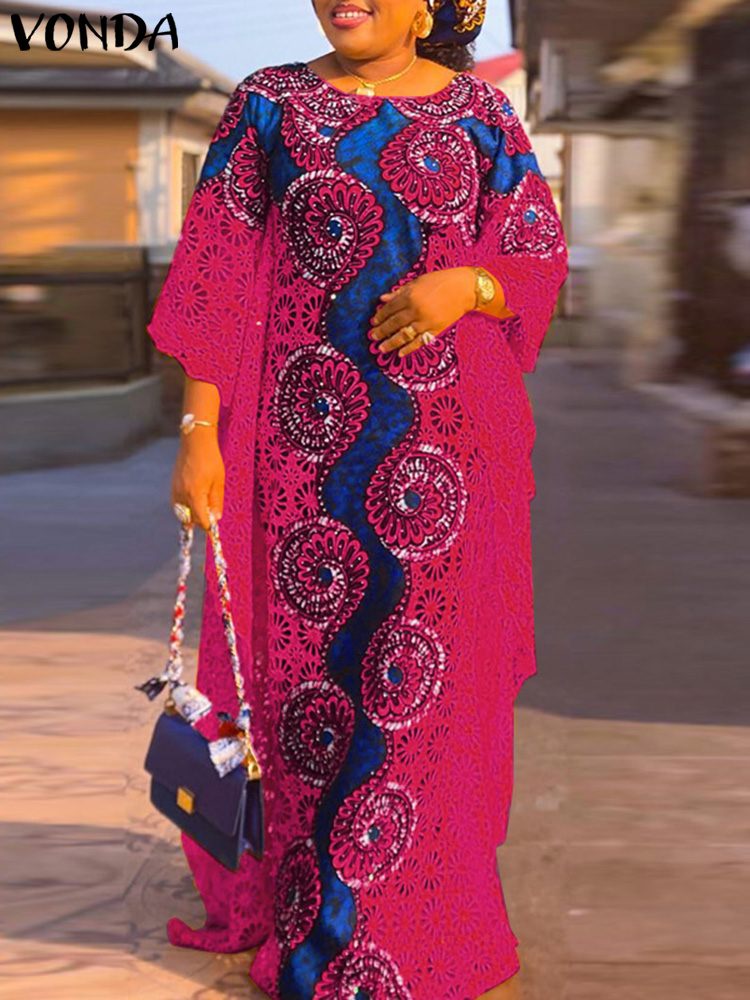 Vonda-ヴィンテージマキシドレス,女性用,3/4袖,カジュアル,ルーズ,ボヘミアン,フローラルプリント,ロング,サンドレス,バケーションドレス,ラージサイズ,5xl,夏