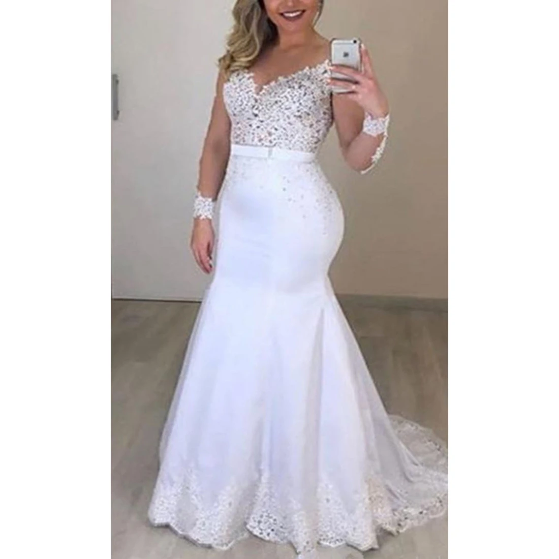 Vestidos de noiva elegantes de sereia com decote em O e apliques de renda e mangas compridas personalizados