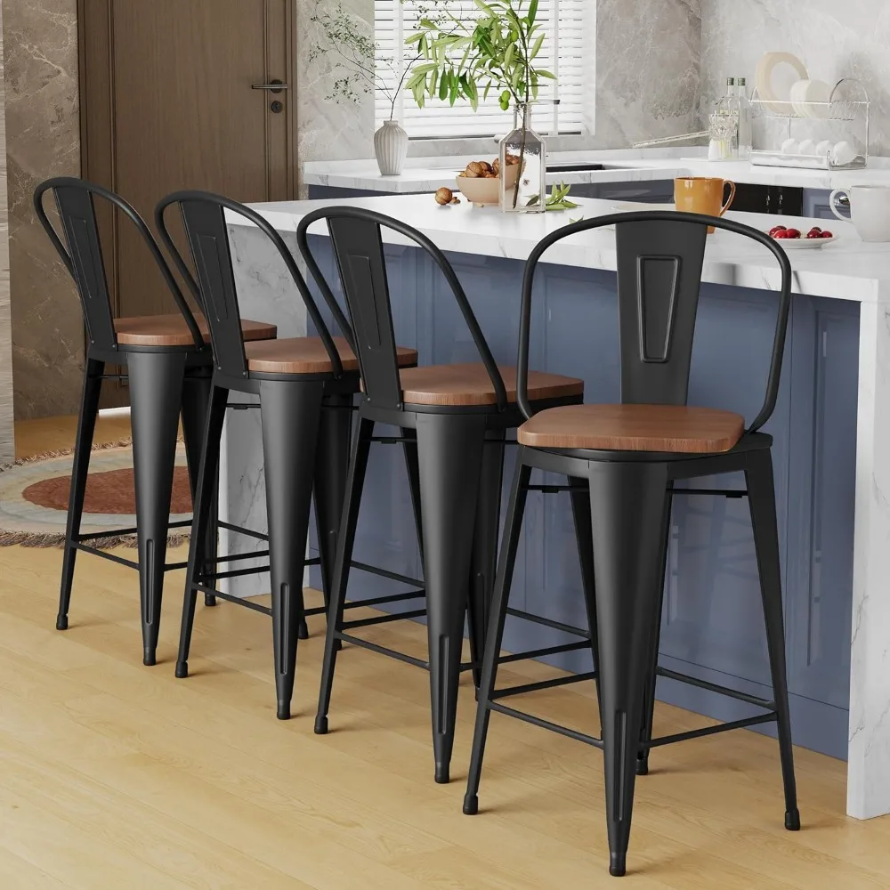 30" Swivel Metal Bar Stools Set of 4 High Back Counter Height Barstools Industrial Dining Bar Chairs with Large Wooden Seat-Mat