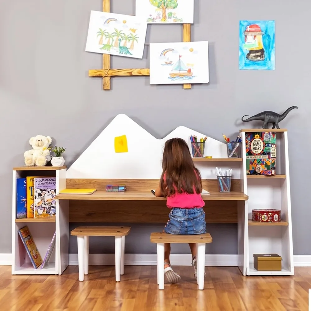 Kid's Study Desk with Bookshelf + 2 Stools, Children Activity Table with Hutch and Shelves, Kids Bedroom Study Desk with Storage