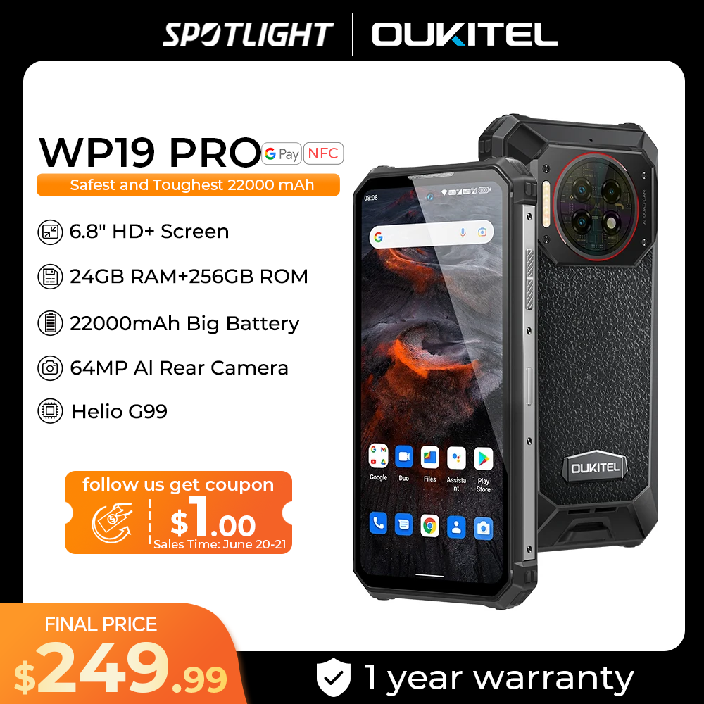 Oukitel WP19 Pro teléfono resistente 22000mAh 24GB 256GB Smartphone 64MP cámara Helio G99 teléfono móvil 120Hz