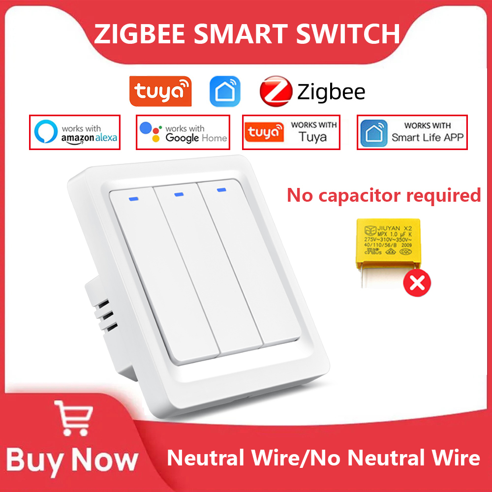 スマートライトスイッチ Tuya ZigBee スイッチ EU 中性線なし コンデンサ不要 スマートライフ 1/2/3 ギャング Alexa Google Home と連携