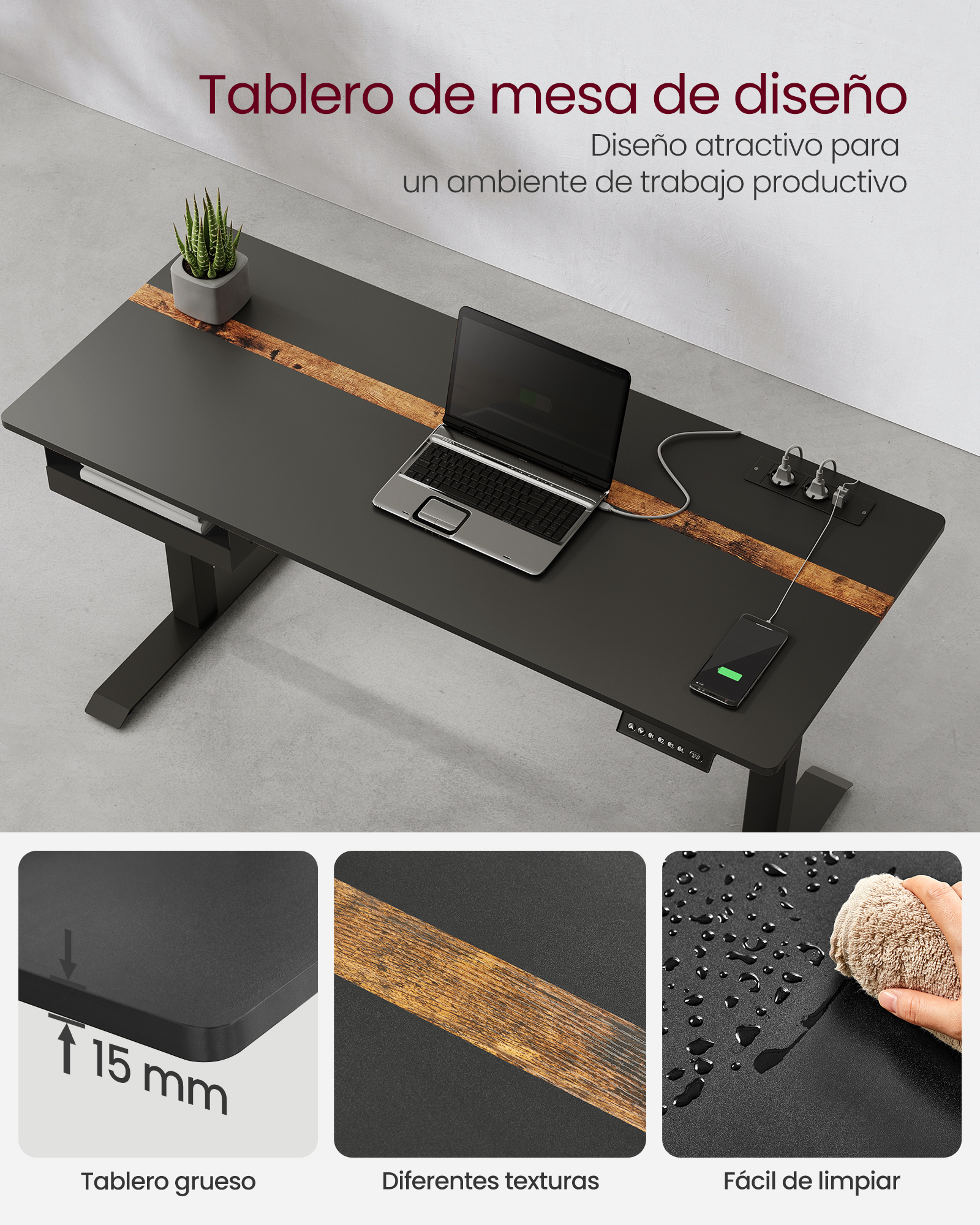 VASAGLE Height Adjustable Desk: 60 x 140 cm Worktop, Socket, Drawer. Continuous Adjustment, 4 Height Memory Functions.