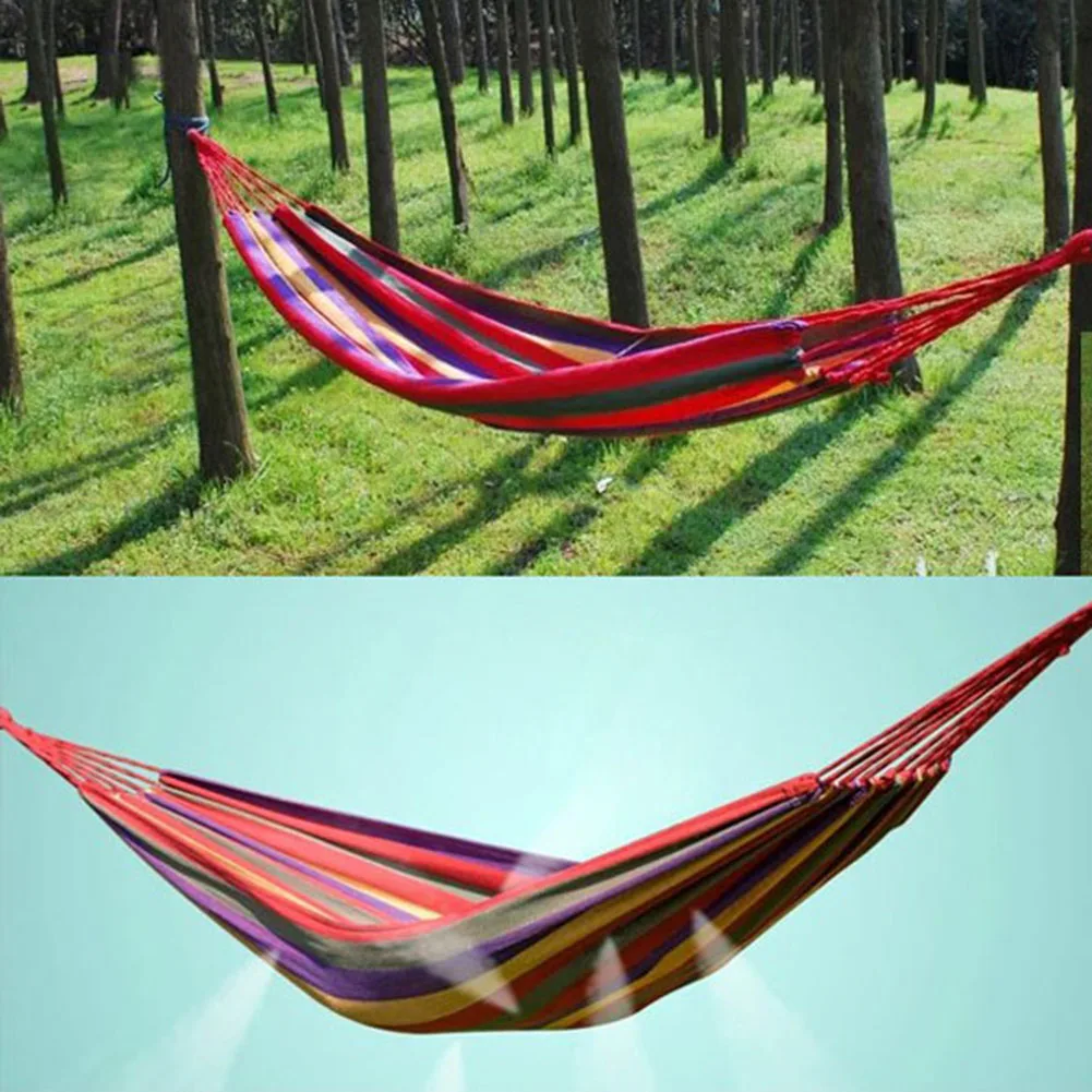 1-2 Person Canvas Hammock Portable 264lbs Capacity Stripe Cotton Rainbow Hanging Bed 102x32 in for Outdoor Indoor with Carry Bag