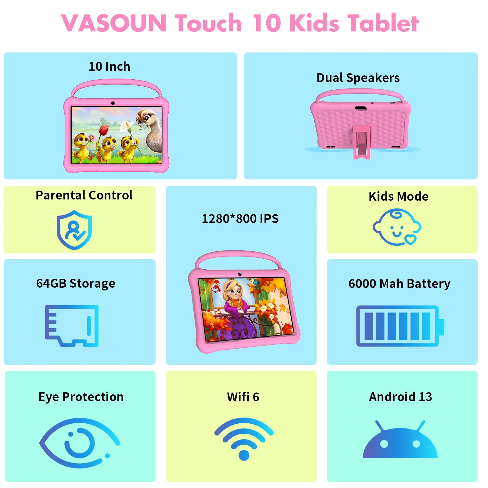 PRITOM Android 13 Tablet for Kids 10 inch Octa-Core, 64GB RAM 1TB TF Card Expandable, Parental Control, Dual Camera, WiFi