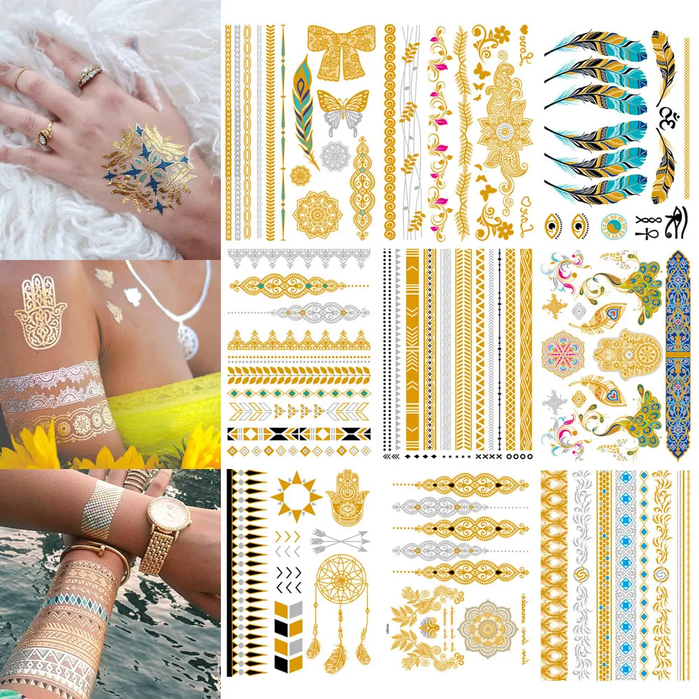 Wasserdichter temporärer Tattoo-Aufkleber, Blumen, Mandala, Henna, golden, silbrig, metallisch, Flash-Tattoo, Boho-Handschmuck, glitzernde Körperkunst