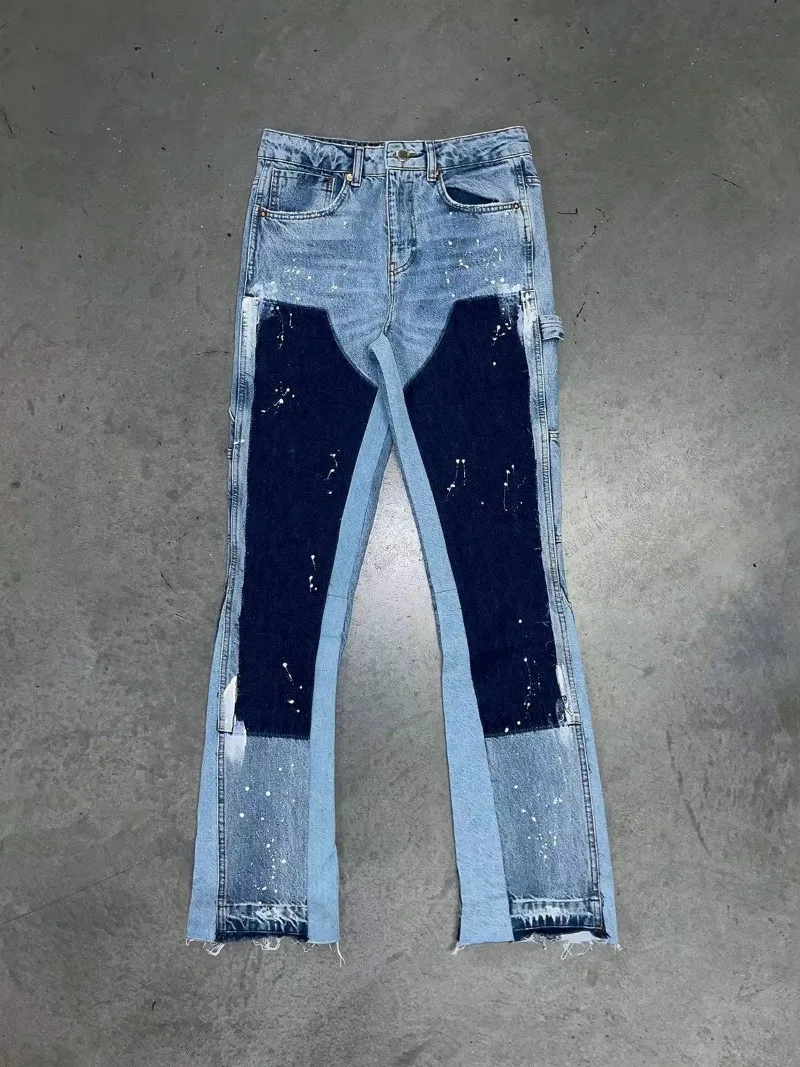 American retro design sense furred edge micro flared jeans men Y2k dark pants new low waist splicing elastic floor length pants