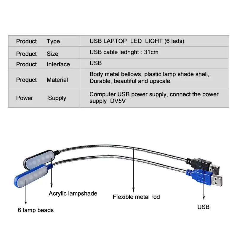 1PC Mini USB LED Luce da libro Lampada da lettura flessibile Luce notturna portatile per Power Bank Laptop Notebook PC Computer