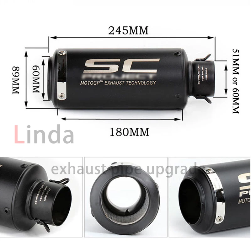 51mm/60mm Db Killer Motorcycle Exhaust Pipe GP Project Exhaust Pipe with Silencer for Kawasaki Z900 Z800 Er6n Sv650 R1 R3 MT03