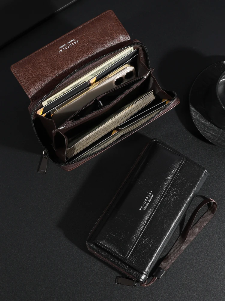 Men's PU Zipper Handbag Large Capacity Long Wallet Clutch Bag Phone Bag Multi Card Card Holder Coin Purse Wallet Double Layer