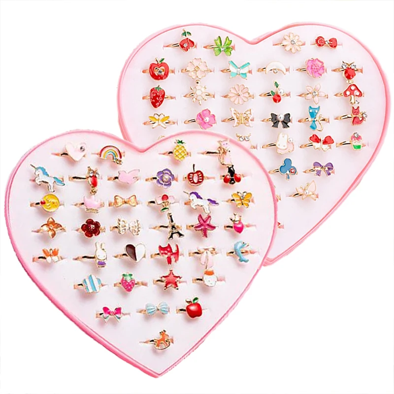36PCS Bambini Anelli Regolabili Ragazze Carino Giochi di imitazione Trucco Giocattoli Cartoon Gioielli Lega Animale Smalto Anello Regalo di compleanno TMZ