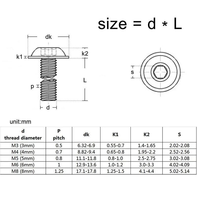 10 unids/lote M2 M2.5 M3 M4 M5 M6 M8 M10 A2-70 tornillos de cabeza de botón hexagonal de acero inoxidable con perno de Collar