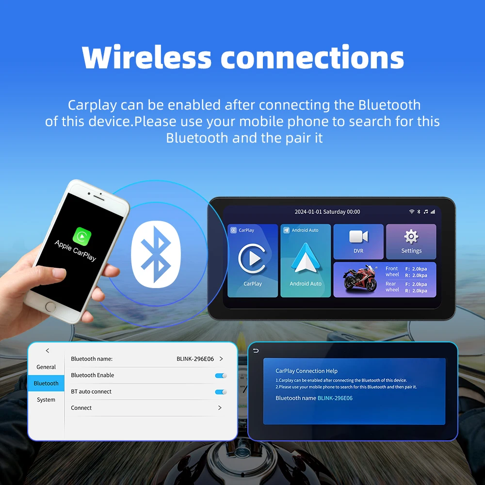 EKIY-Motocicleta CarPlay com GPS, Android sem fio, Auto Airplay tela, monitor de motocicleta portátil, DVR opcional, TPMS, 6.3in