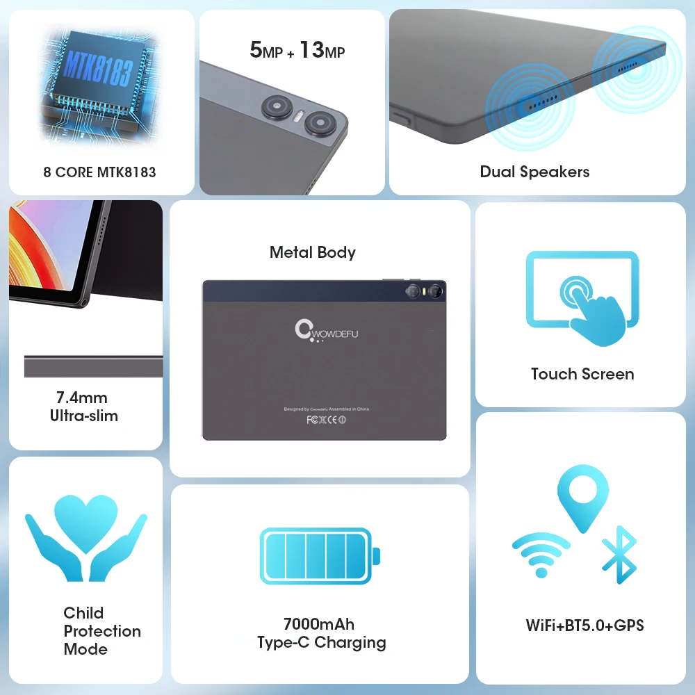 Планшет CWOWDEFU Android 13 2024 года, 10,95-дюймовый дисплей FHD Incell 2K, восьмиядерный процессор MTK, 6 ГБ ОЗУ, 128 ГБ ПЗУ, аккумулятор 7000 мАч, камера 13 Мп, планшетный ПК с GPS