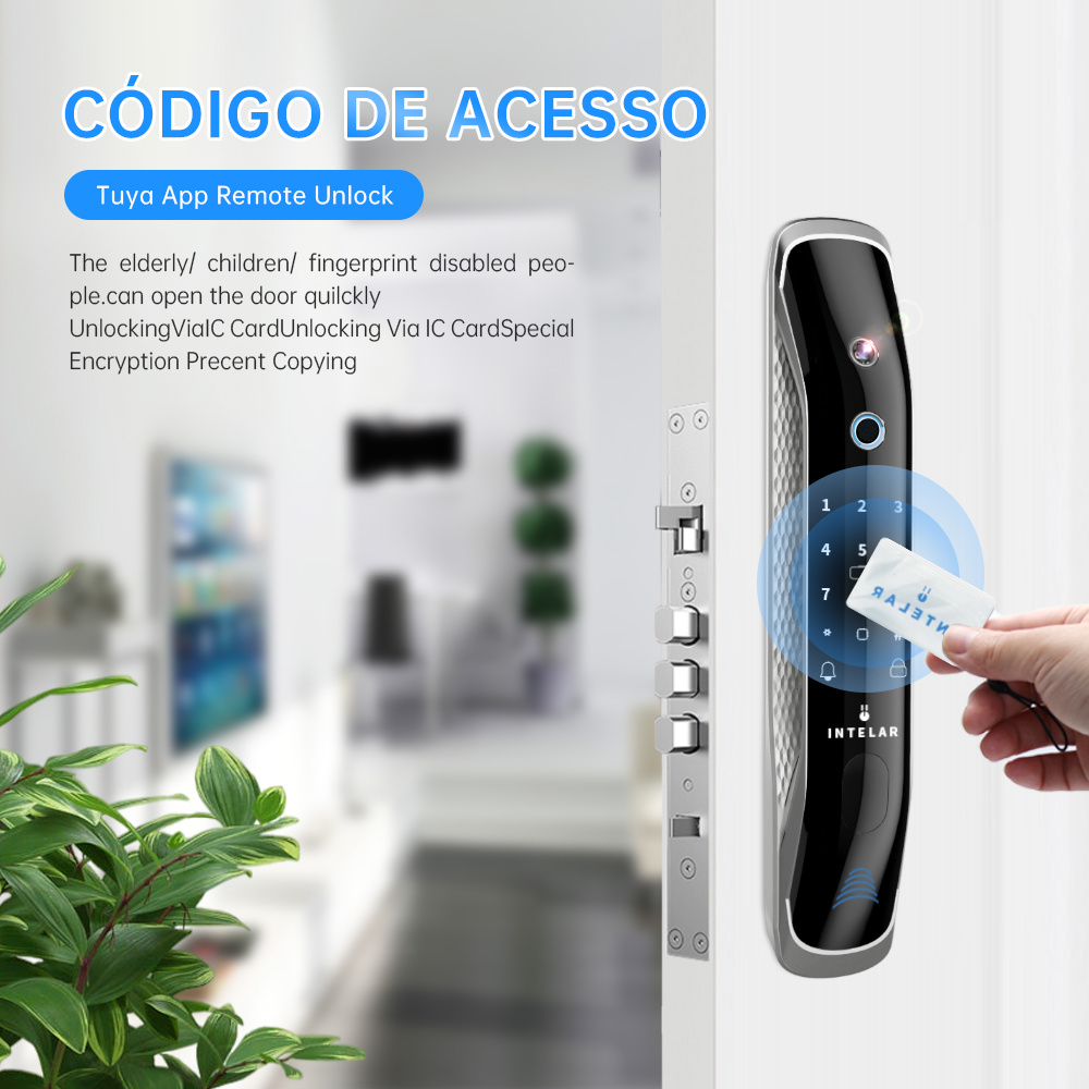 Intelar X2 Tuya Fechadura eletrônica digital Wifi para portas inteligentes com câmera biométrica Impressão digital Cartão inteligente Senha Chave de desbloqueio
