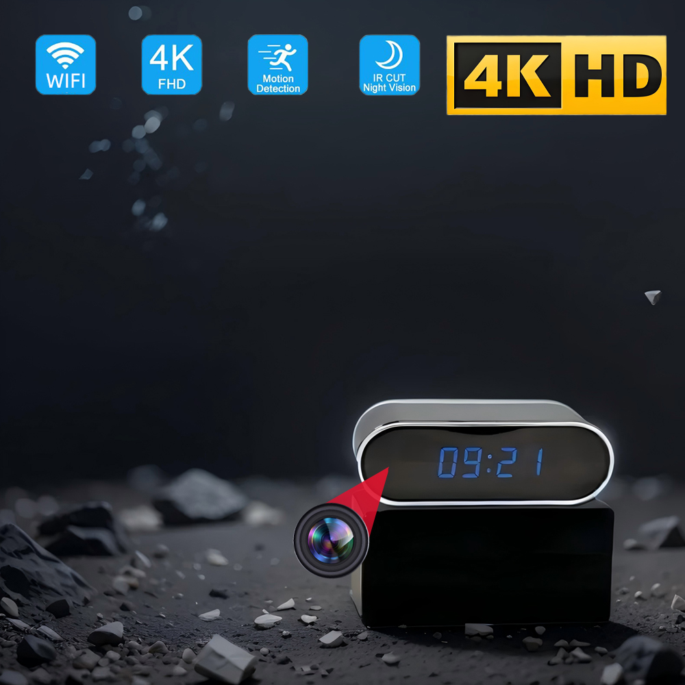 La cámara con reloj inalámbrico 4K HD admite visualización remota de conexión WIFI, visión nocturna infrarroja, detección de movimiento, cámara interior