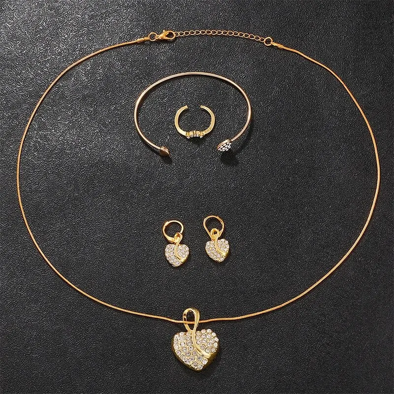 Montre à Quartz Dorée de Luxe pour Femme, Ensemble de Bijoux, Bague, Collier, Boucles d'Oreilles, Strass, Mode Décontractée