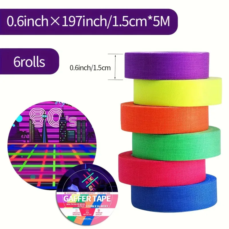 6 sztuk/zestaw Taśmy Gaffer Fluorescencyjne Samoprzylepne Naklejki Reaktywne na Światło UV Reaktywne do Fotografii Dekoracji Domu Rękodzieła DIY