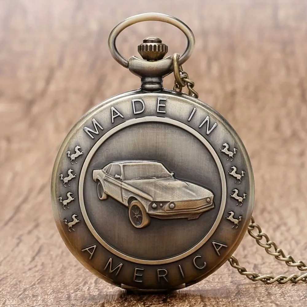 Antike Bronze Exquisite Auto Muster Design Taschenuhr Quarzwerk Halskette Anhänger Geschenk Uhr Für Männliche Kinder Relogio Saati