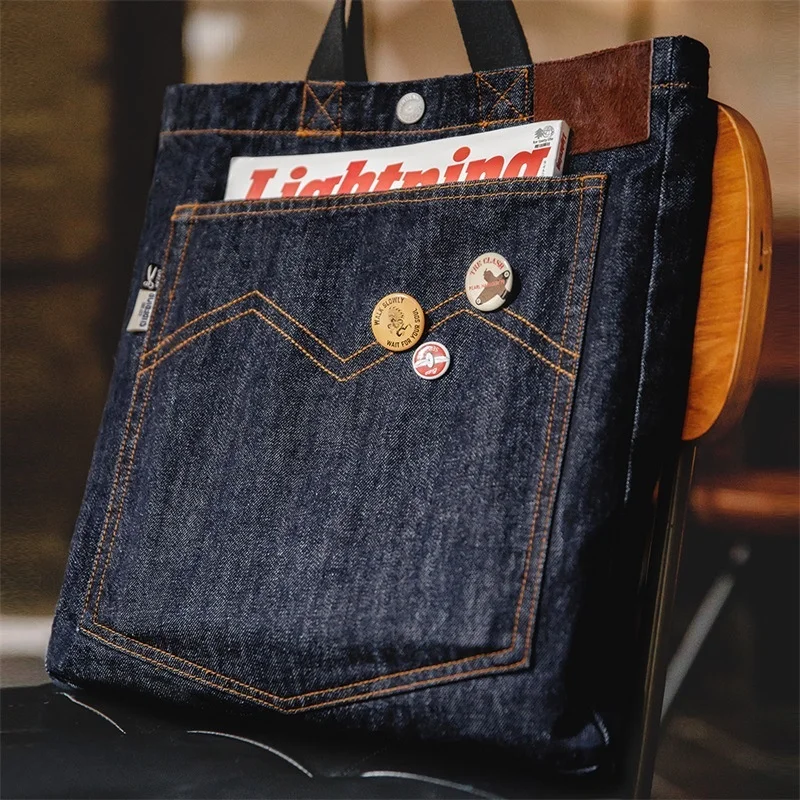 Madden Workwear アメリカンレトロデニムシングルショルダークロスボディバッグ刺繍大容量ハンドヘルドタブレットトートバッグ男性用