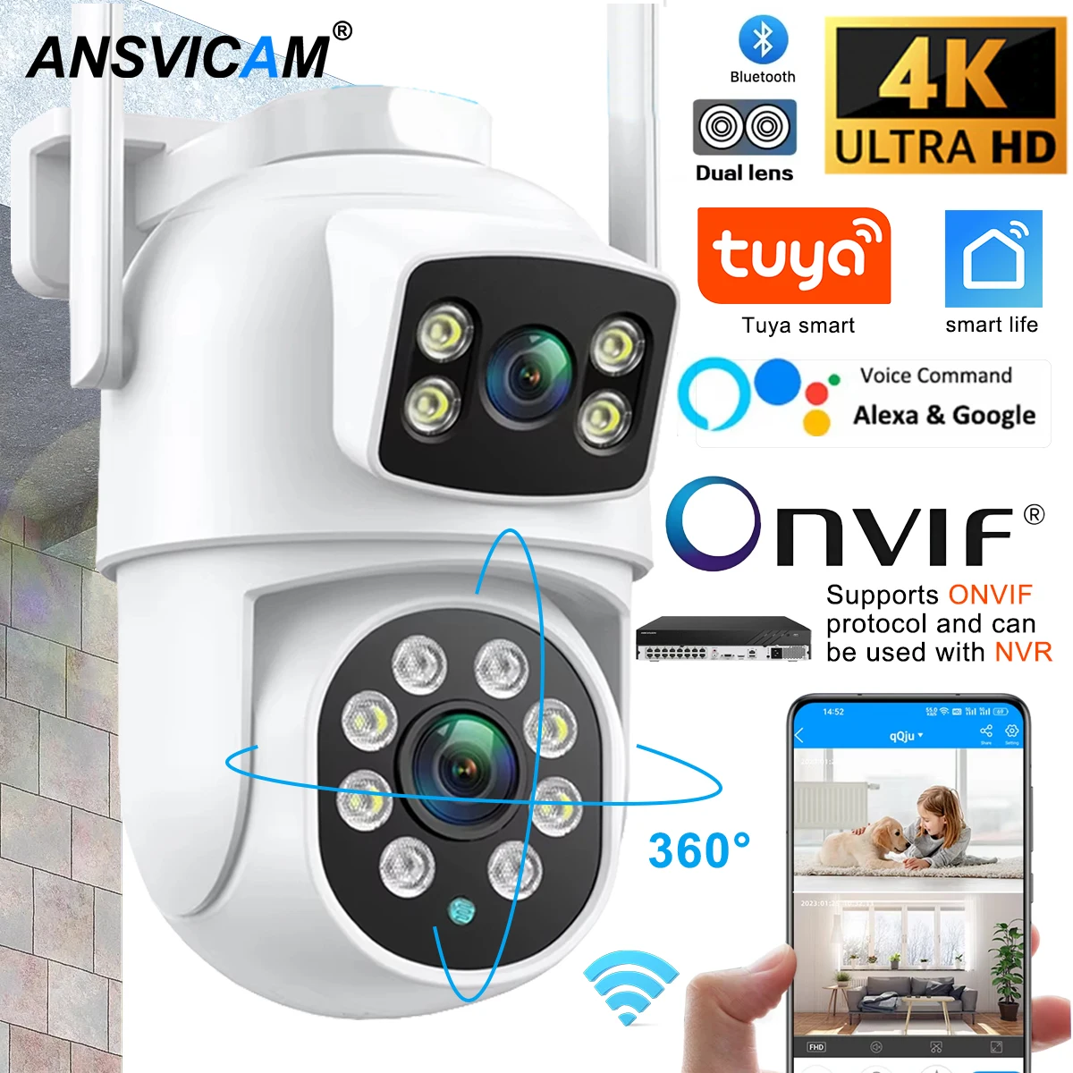Cámara IP Tuya Wifi 8K con asistente de Google Alaxa Onvif NVR cámara de doble lente PTZ al aire libre 4K pantalla Dual seguimiento automático mod nocturno