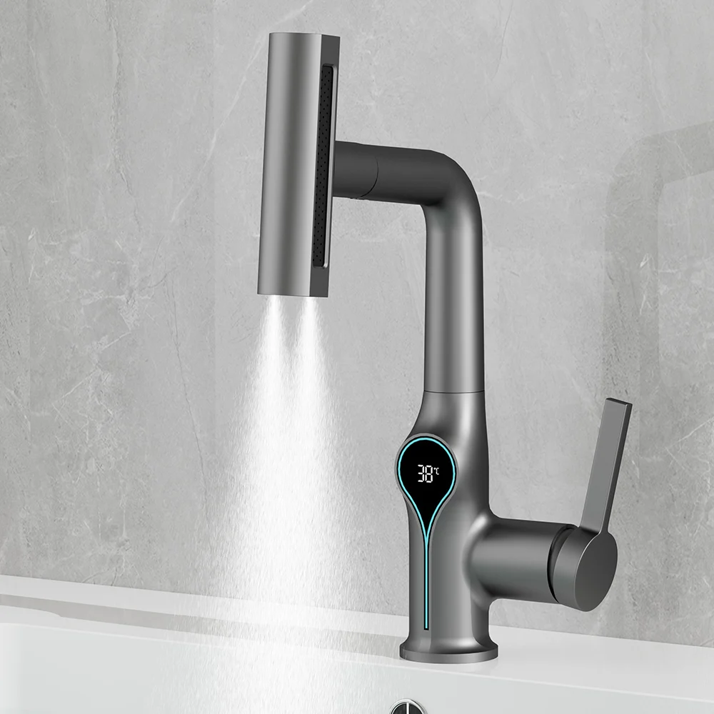 Wasserfall Temperatur Digital Display Becken Wasserhahn Lift Up Down Stream Sprayer Heißes Kaltes Wasser Waschbecken Mixer Waschen Wasserhahn Für Badezimmer