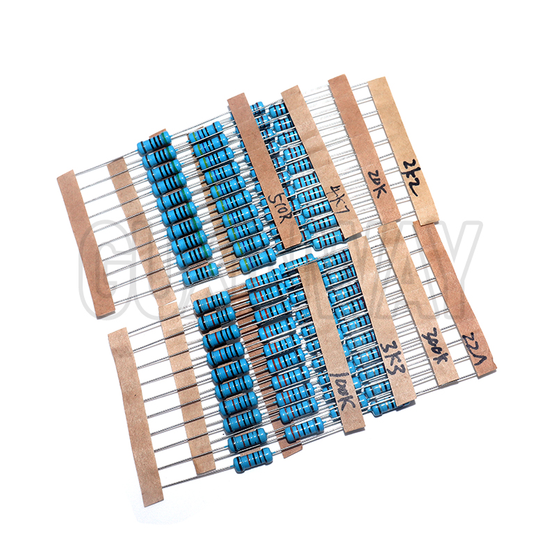 300 Uds 10R-1M Ohm 1/4W 1/2W 1W juego de resistencias 1% Kit surtido de resistencias de película metálica 30 tipos * 10 Uds = 300 Uds