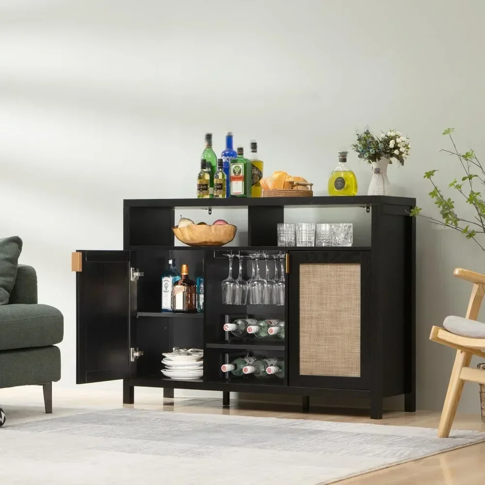 Rattan Coffee Bar Cabinet, Modern Liquor Cabinet with Wine Racks Credenza, 51" Sideboard Buffet Cabinet with Storage