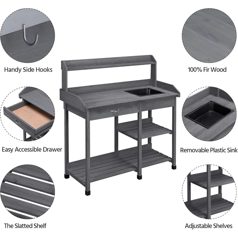 Outdoor Potting Bench Garden Workstation for Horticulture with Drawer, Adjustable Shelf, Removable Sink, Hooks & Pads