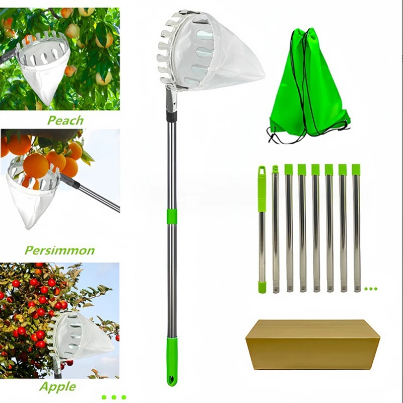 Recogedor de frutas ajustable, dispositivo de acero inoxidable, recogedor de frutas con mango telescópico, dispositivo de recogida desmontable, herramienta de jardín de granja