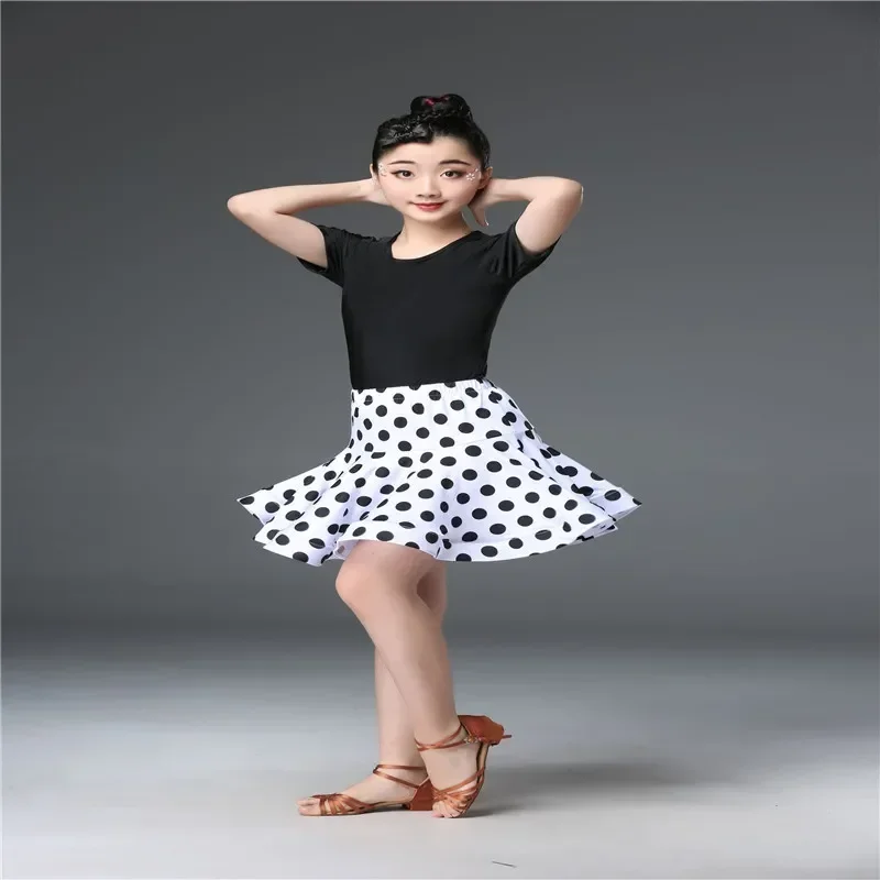 Rok dansa Rumba Latin lengan pendek untuk anak perempuan, rok dansa Modern, kostum latihan kompetisi, pertunjukan panggung, pesta Ballroom, kostum anak perempuan