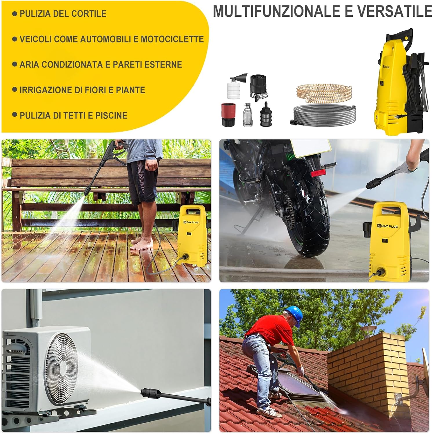 Idropulitrice ad Alta Pressione 1600W, 120bar, 380l/h Potente Idropulitrice Elettrica con Lancia Regolabile da 0 a 180°, Tubo Flessibile di 7m, per La Pulizia di Terrazze, Giardini o Auto