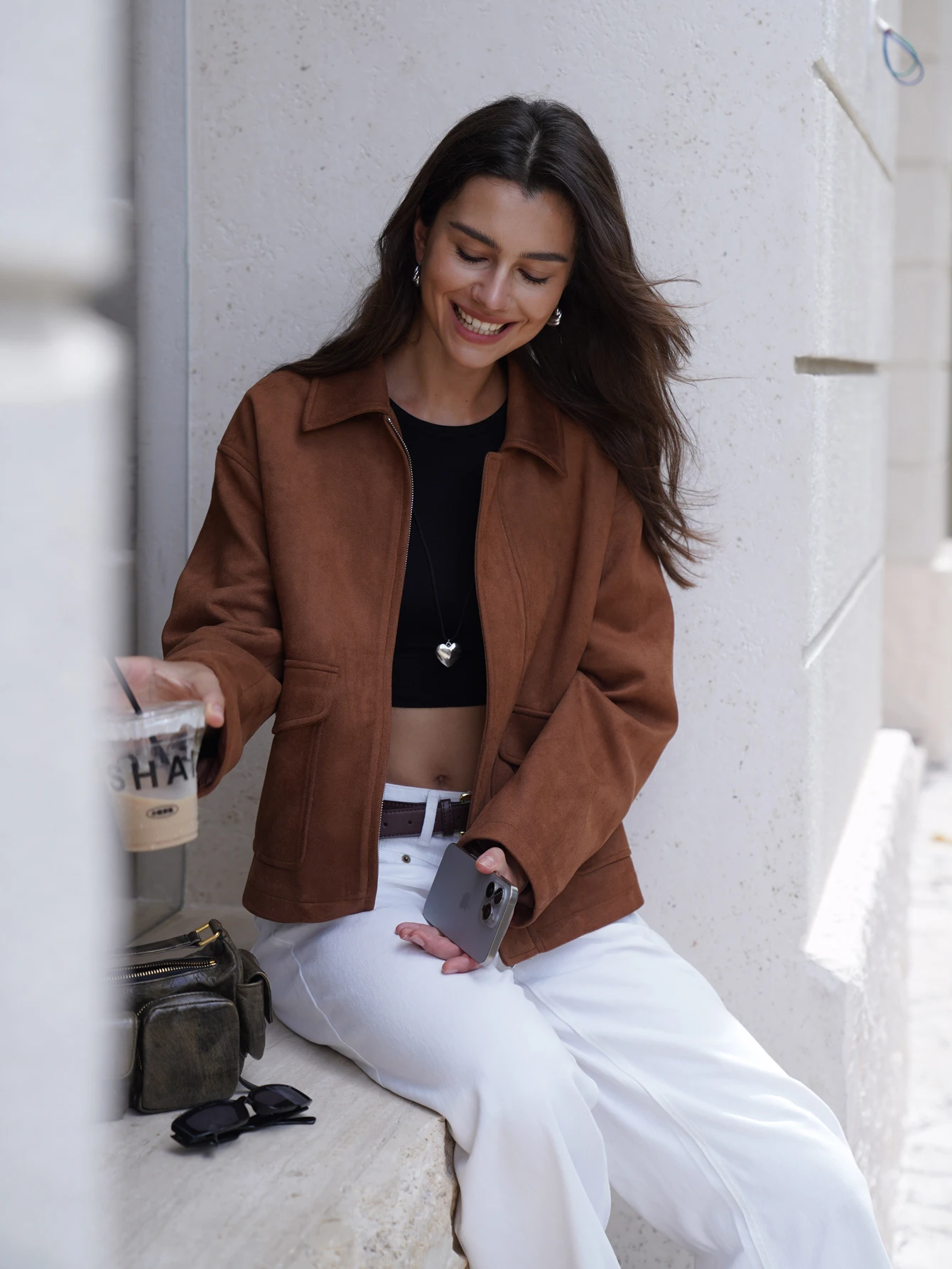 ใหม่ 2025 ฤดูใบไม้ร่วง/ฤดูใบไม้ร่วงผู้หญิงแฟชั่น Basic สั้น Suede กระเป๋าเสื้อแจ็คเก็ตและ Coat