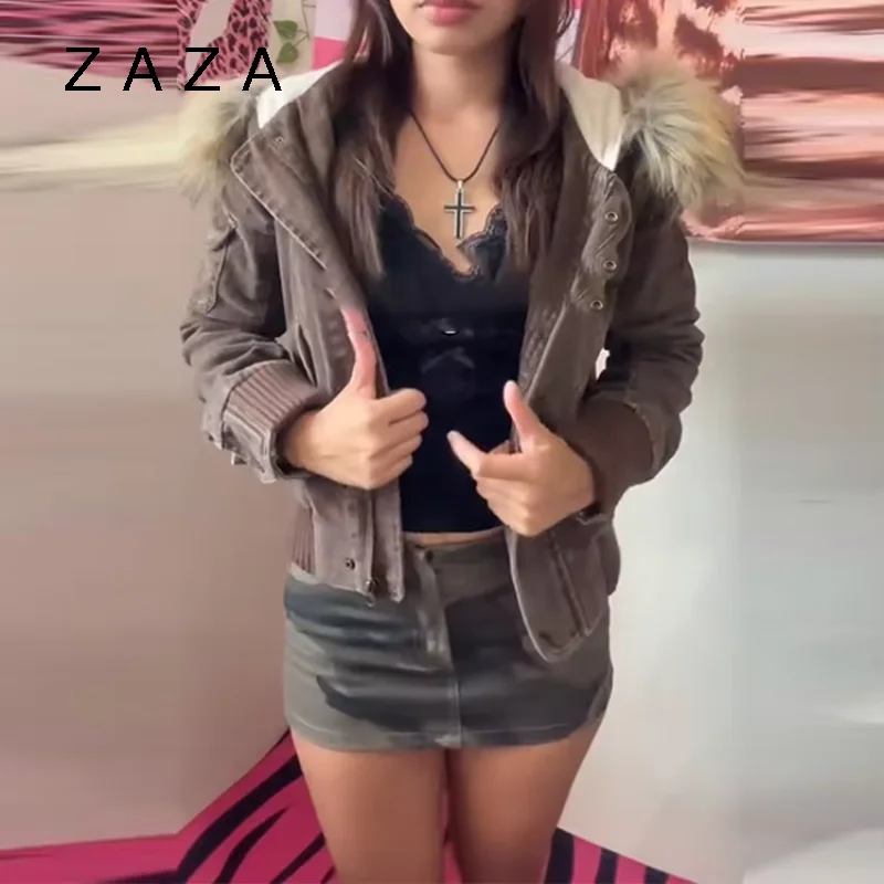 Vintage marrom gola de pele com capuz jaqueta para mulher fino ajuste manga longa bolso casaco 2025 novo feminino outono inverno sólido streetwear