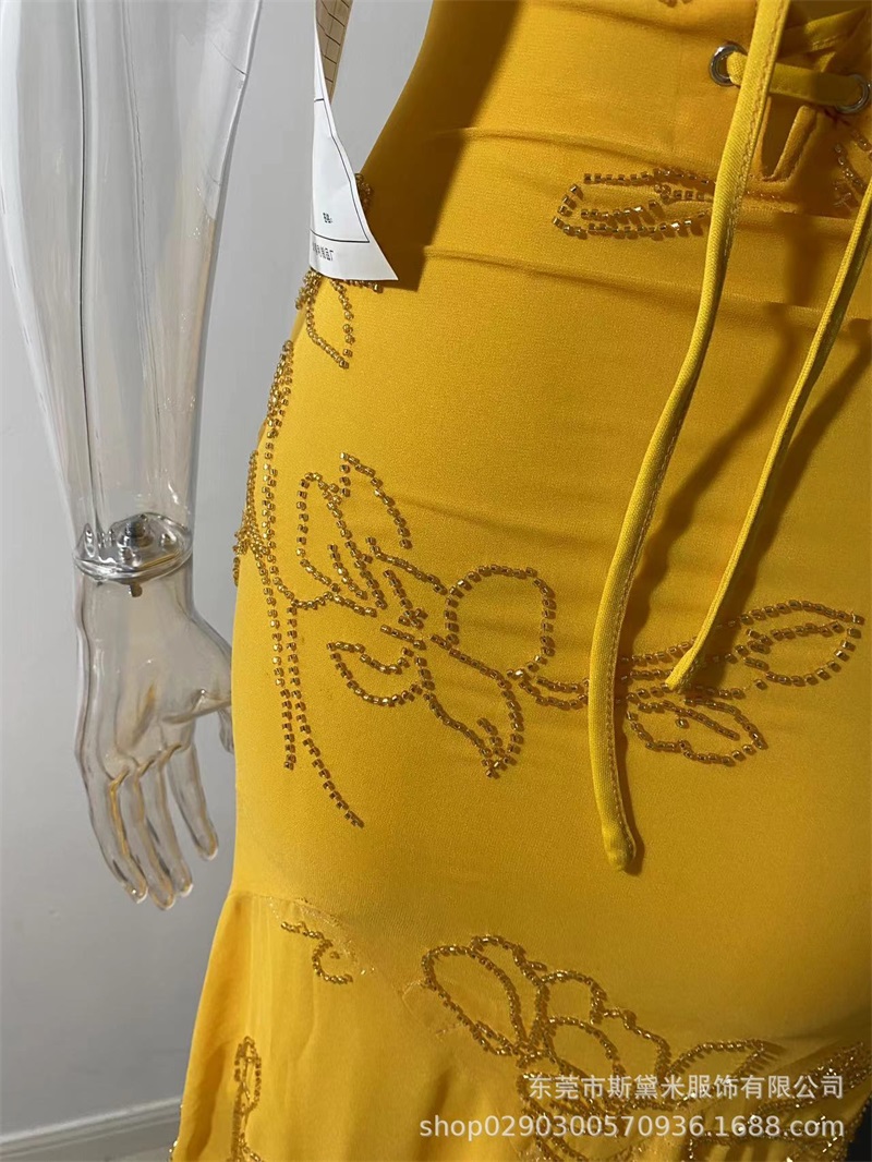 Robe de bal jaune perlée pour femmes, Sexy, à rayures, sans manches, longue Robe de soirée, dos à lacets, Robe formelle d'anniversaire, tapis rouge