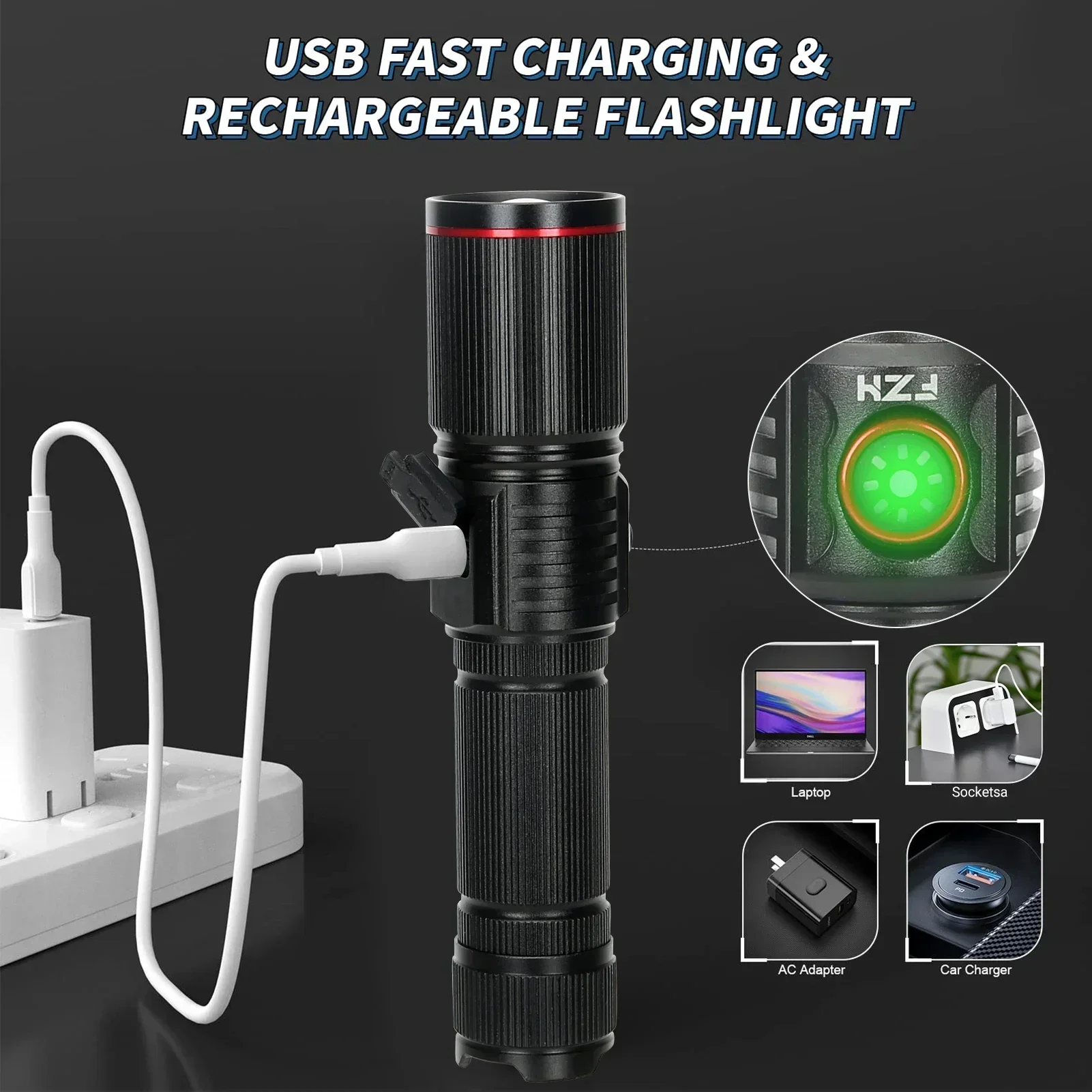 30 W hohe helle LED-Taschenlampe, hohe Leistung, Typ C, wiederaufladbare Zoom-Taschenlampe, Camping, Outdoor, Jagd, Angeln, Wandern, Beleuchtungslampe