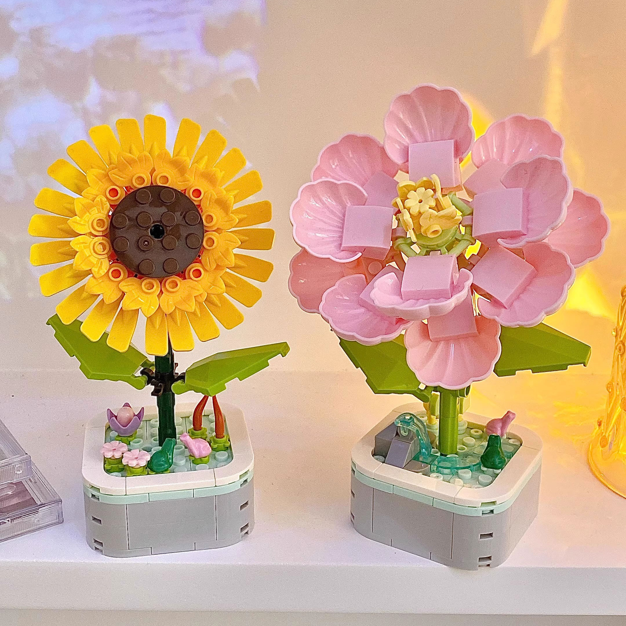 Bouquet, blocs de construction, plantes en pot, blocs modèles, roses, tournesols, jouets assemblés, décoration de la maison, cadeaux de noël