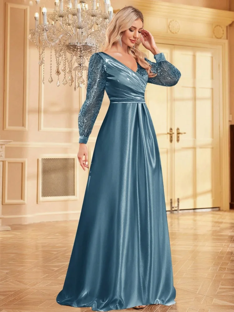 Lucyinlove หรูหราสีฟ้า V คอเลื่อมชุดราตรี 2024 Elegant ผู้หญิง Maxi ชุดแขนยาวค็อกเทลชุดชุดราตรี