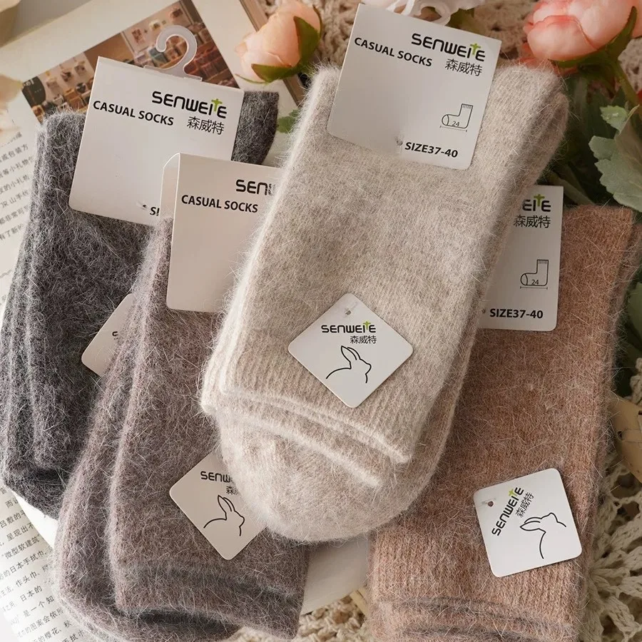 Calcetines de lana para mujer Otoño Invierno calcetines de tubo medio engrosados con lana calcetines cálidos de pelo de conejo medias de Cachemira negras de invierno