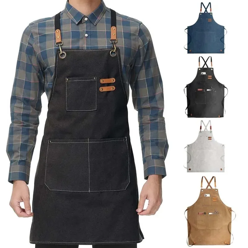 Delantal de lona para el hogar a prueba de aceite, puede limpiar las manos, cocina, hombres, mujeres, adultos, con bolsillos para herramientas, delantal de café a la moda