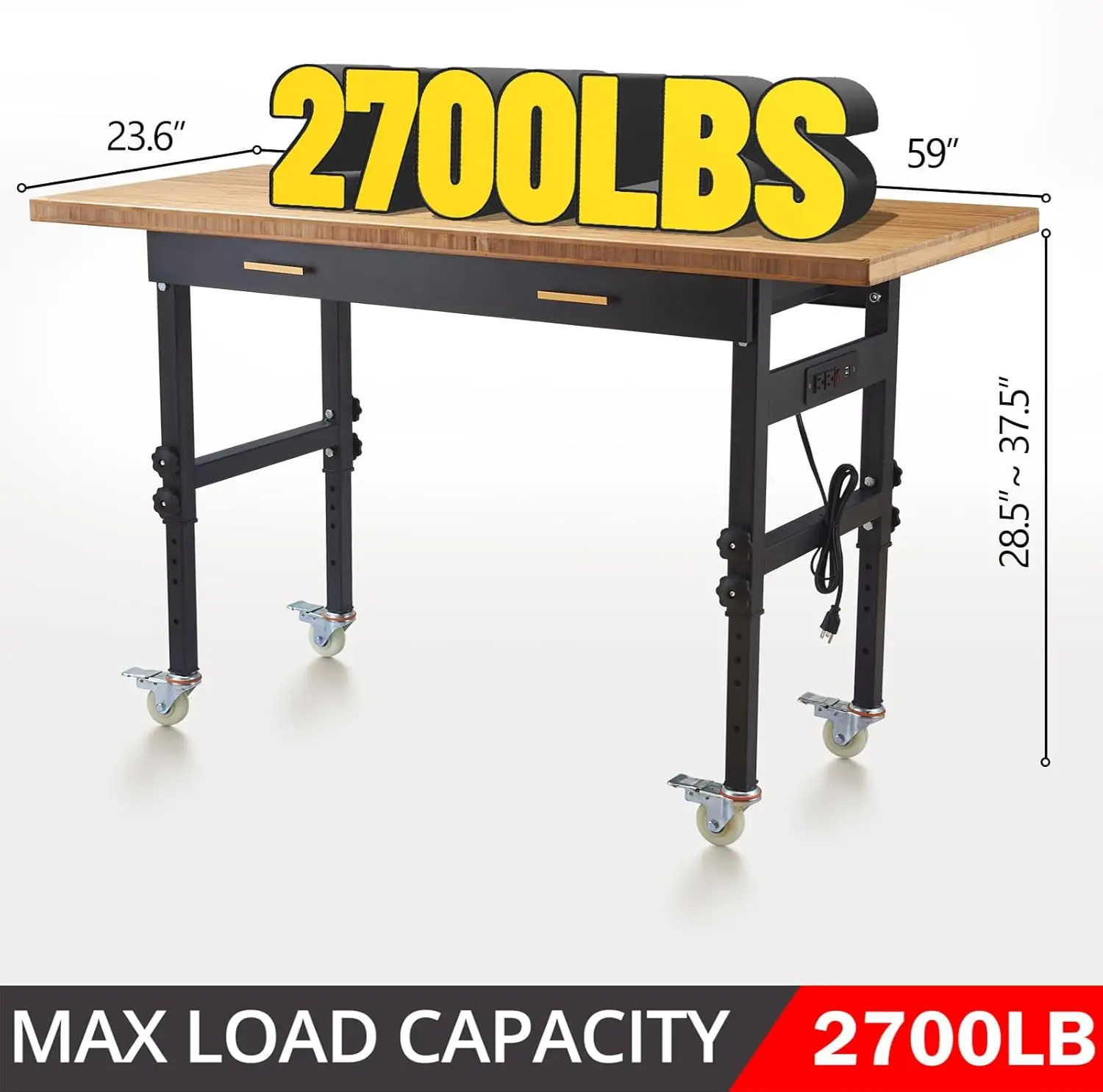 Adjustable Work Bench with Drawers Wheels Power Outlet 2700 LBS Load Capacity 59.8" Heavy Duty Work Bench, Bamboo Wood Desktop