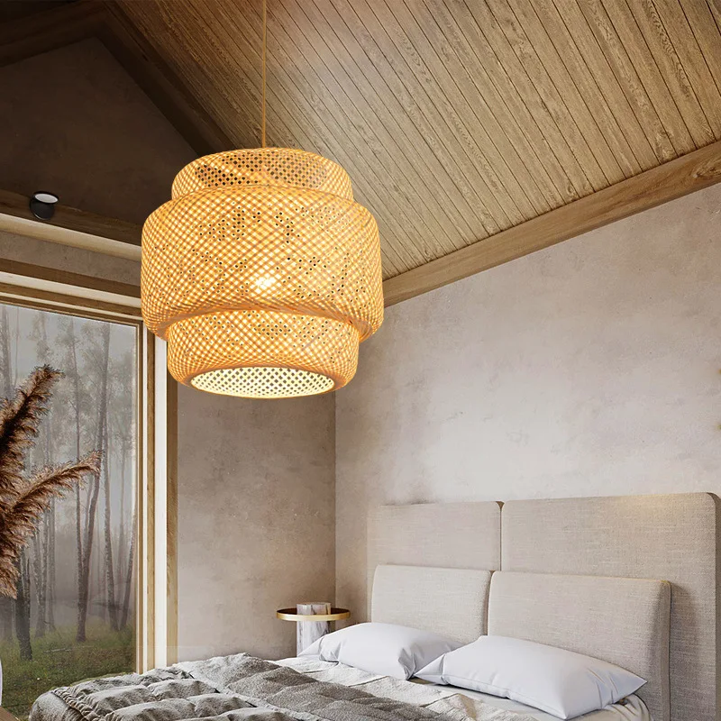 Lámpara colgante de bambú de estilo chino tejida a mano, lámpara colgante tejida, candelabros de restaurante, decoración del hogar, accesorio de iluminación AC85-260V