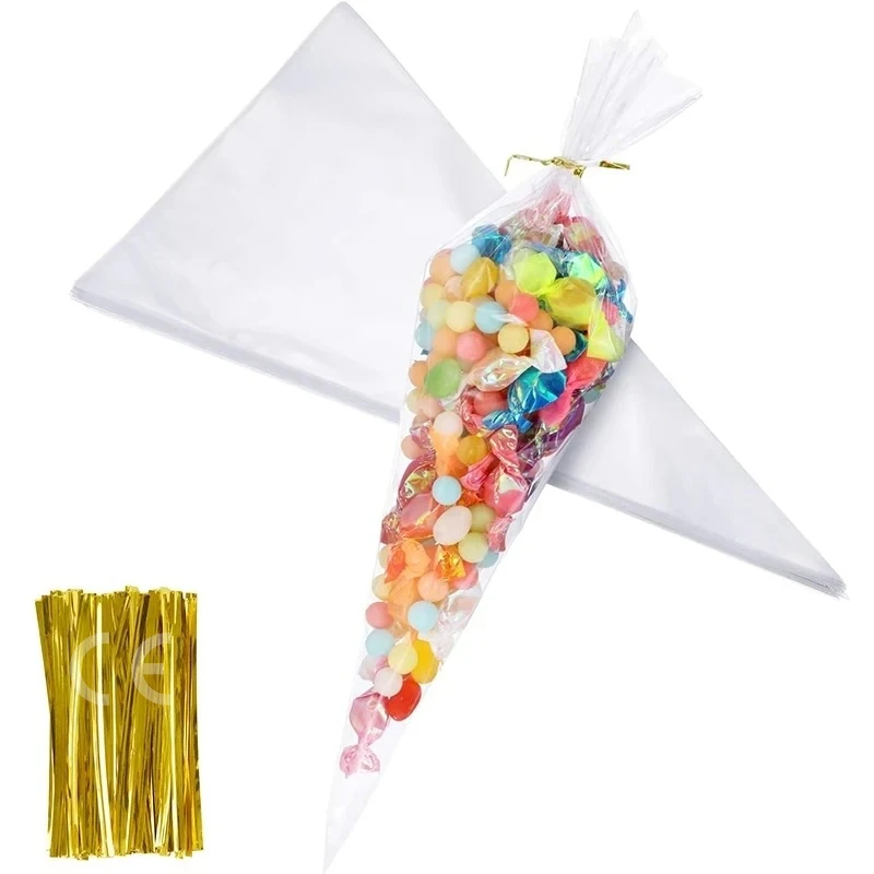 50Pcs Klar Kegel Süßigkeiten Taschen Lebensmittel Snack Verpackung Kunststoff Tasche Mit Krawatten Hochzeit Geburtstag Party Favors Dekoration DIY Geschenk taschen
