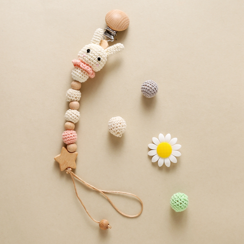 ปรับแต่ง Baby Pacifier CHAIN โครเชต์กระต่าย Pacifier คลิป BPA ฟรีซิลิโคนลูกปัด Handmade ทารกพยาบาล Teething CHAIN