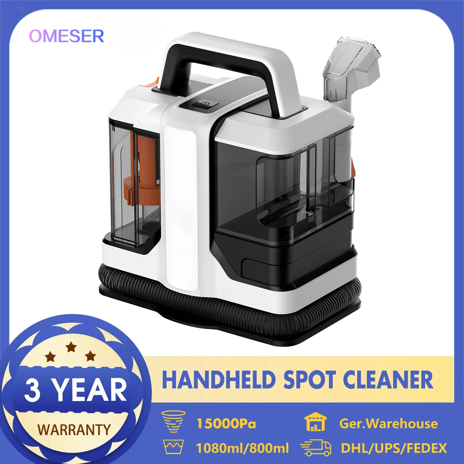 OMESER W05 limpiador de alfombras de mano 750W de mano 15Kpa máquina de limpieza de puntos con cable tela húmeda alfombra sofá limpieza mascota coche portátil